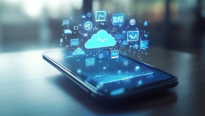 Smartphone displays cloud computing icons suggesting data storage and network connectivity.