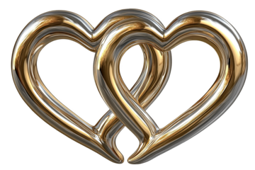 Two intertwined hearts in shiny gold and silver colors, representing love and unity on a white background.