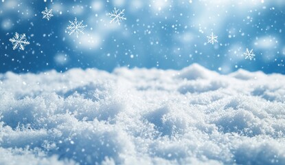 Obraz premium Snowflakes falling on a field of snow with a blue sky background.