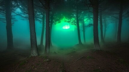Naklejka premium borealis appearing through mist among pine trunks in a deep forest, mysterious glow in a foggy, quiet woodland environment, space on sides for design foggy forest, pine trunks, mist, northern 