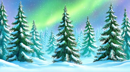 Obraz premium angle view of pines covered in frost with the aurora overhead, electric green and pale purple hues ripple in the sky, strong vertical dynamic low angle forest, frost-covered, pines, electric 