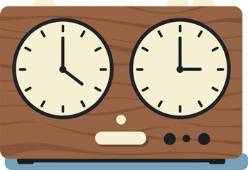 Vintage wooden chess clock with two round faces and buttons flat vector illustration