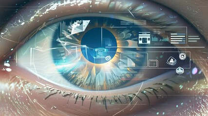 Futuristic eye interface analyzing data with holographic elements - Powered by Adobe