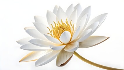 Hyperrealist white flower sculpture with golden leaves, 3D style, resting on a seamless white background, subtle shadows, 8K UHD clarity