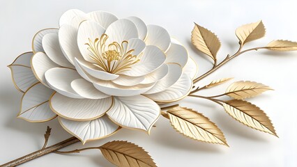 Hyperrealist white flower sculpture with golden leaves, 3D style, resting on a seamless white background, subtle shadows, 8K UHD clarity