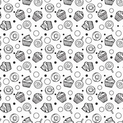 Vector doodle seamless pattern with bake and sweets. Black and white geometric seamless pattern.