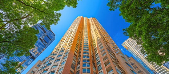 Plakat City skyscraper view, sunny day, trees framing, urban backdrop