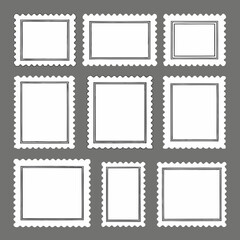 Set of 10 Isolated Postage Stamps with Different Shapes and Scalloped Edges.