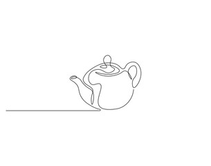 Teapot outline drawing illustration. Continuous line draw of kitchen equipment vector.