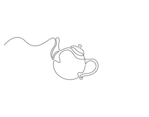 Teapot outline drawing illustration. Continuous line draw of kitchen equipment vector.