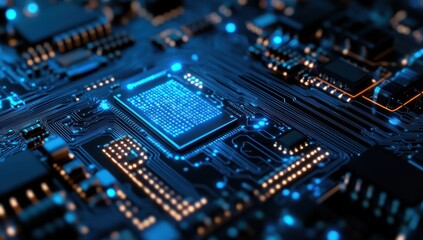 Obraz premium Close-up of a blue computer circuit board with glowing lights and intricate details.