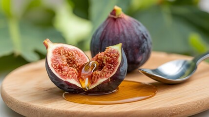 Beautiful Fig Halves Highlighted by Golden Honey and Sesame on Neutral Backdrop