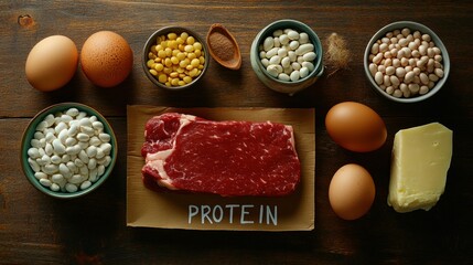 Protein-rich foods arranged on a wooden surface