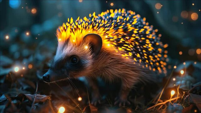 A mystical hedgehog with magical sparkles glowing from its body amidst a fairytale forest setting