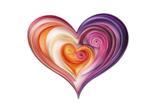 Colorful abstract heart shape with swirling patterns, symbolizing love and harmony on a transparent background.