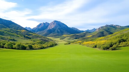 Obraz premium Picturesque valley nestled amongst towering mountains. Lush green meadow stretches across the valley floor, bordered by vibrant foliage and rocky peaks. A serene and beautiful landscape