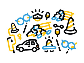 Seamless Traffic and Police Doodle Pattern &ndash; Hand-Drawn Road Signs, Police Car Illustrations, and Traffic Control Designs