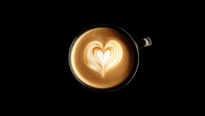 Cup of coffee with latte art heart design on a black background.