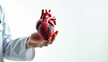 Doctor holding heart model in hand against white background  