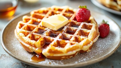 Waffle with butter and strawberries on a plate dusted with powdered sugar.