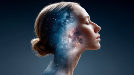 Profile of a woman with a galaxy superimposed on her face, blending the cosmos with human features against a dark background.