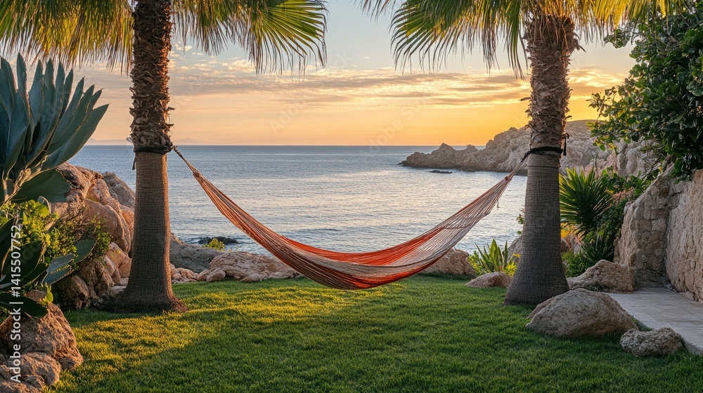 Poster nestled between two swaying palm trees, a vibrant hammock beckons for lazy afternoons. the sun desce