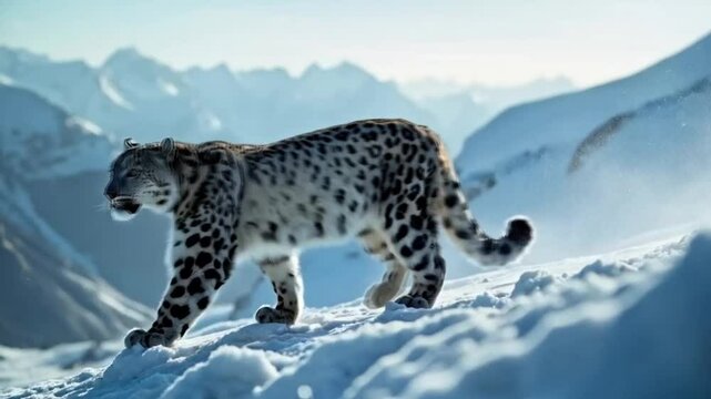 A snow leopard walks across a snowy mountain. Smooth repeating motion for background video animation.