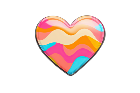 Colorful heart shape with vibrant waves, perfect for creative designs, on a transparent background.