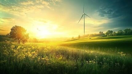 Obraz premium Idyllic landscape with wind turbine at golden sunset, symbolizing renewable energy