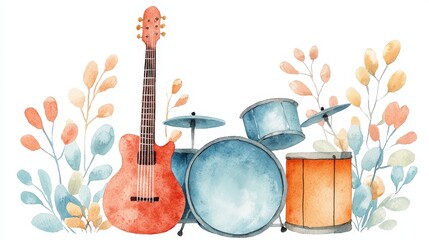 Naklejka premium Colorful watercolor illustration of musical instruments with guitar and drums surrounded by floral elements