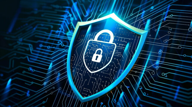 Locked Shield Icon in High-Tech Cybersecurity Digital Environment