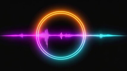Vibrant neon audio waveform pulses inside a glowing circular frame on a black background. A futuristic sound visualizer loop perfect for music, podcasts, or DJ visuals. - Powered by Adobe