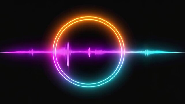 Vibrant neon audio waveform pulses inside a glowing circular frame on a black background. A futuristic sound visualizer loop perfect for music, podcasts, or DJ visuals.
