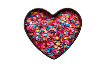 Colorful heart-shaped confetti in a box. Perfect for celebrations and festive occasions.