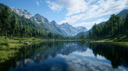 Fototapeta premium Serene Mountain Lake Scenery With Reflection