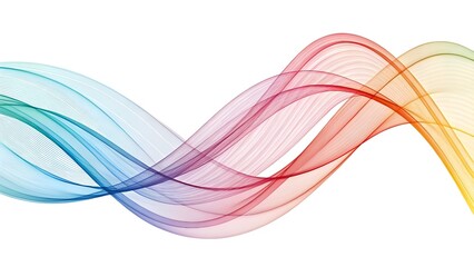 High-resolution vibrant wave ribbons, multicolor blend of cyan, magenta, and yellow, thin filament textures with smooth curvature, abstract expression in a white canvas environment