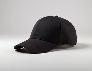 isolated studio shot of blank black cap mockup template on white background, empty space for logo or design, high-resolution for advertising and branding.