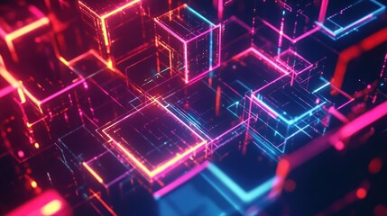 Fototapeta premium Abstract Neon Cube Network: Futuristic Technology and Data Representation