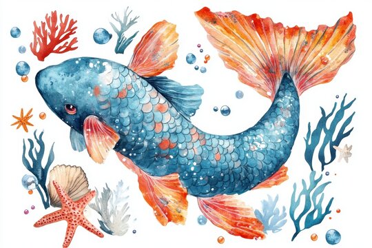recommend clip art: A watercolor drawing featuring a mermaid tail, seashells, crown, bubbles, coral, and pearl set against a plain white background