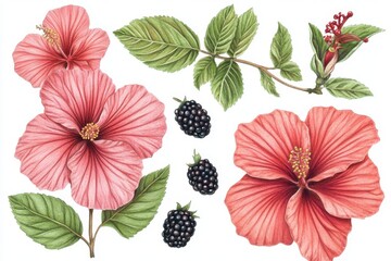 Obraz premium Floral elements depicted in watercolor, including raspberry, blackberry, rose, hibiscus, and peony flowers in a botanical illustration style