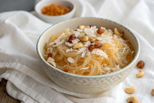 A bowl of semai (sweet vermicelli dessert), placed on a white cloth surface