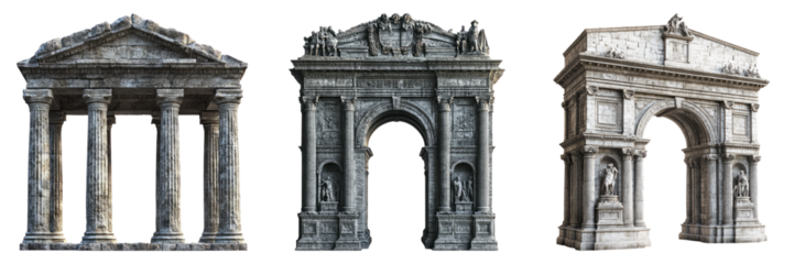 Historic Roman arches and stone gateways isolated on transparent PNG image perfect for travel posters or classical references