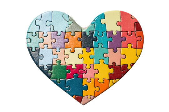 Colorful jigsaw puzzle pieces arranged in a heart shape, symbolizing love and creativity.