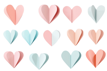 Colorful paper hearts in various styles, isolated on white background.