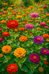 Vibrant Vertical View of Colorful Zinnia Flower Field in Full Bloom