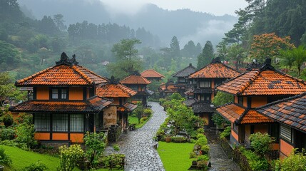 Fototapeta premium Asian Village Houses nestled in a misty mountain setting