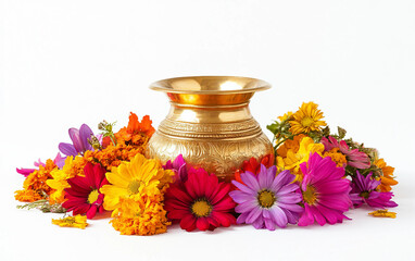 A Golden Kalash with Vibrant Floral Adornments Isolated on white background. Isolated on white background. Isolated on white background.