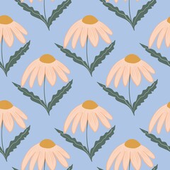 Seamless pattern with daisy flowers on blue background, Hand-drawn botanical daisy floral pattern.botany elements.