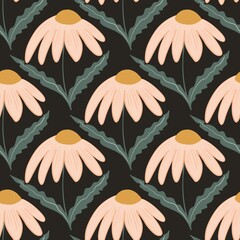 Seamless pattern with daisy flowers on black background, Hand-drawn botanical daisy floral pattern.botany elements.