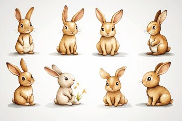 Fototapeta premium An isolated white background serves as the setting for a watercolor illustration of a bunny, a rabbit, and paint splatter